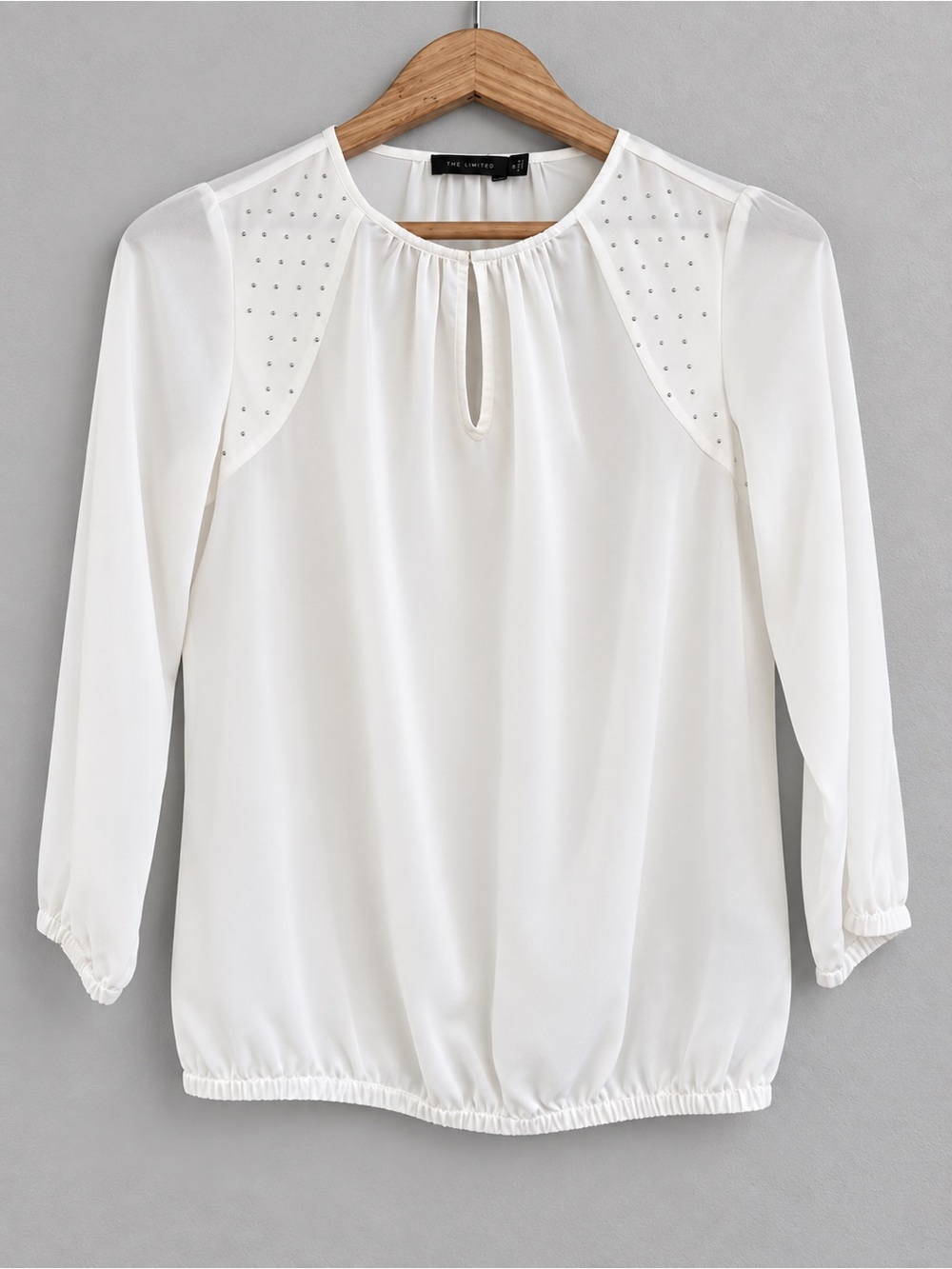 The Limited Women’s S Ivory Rhinestone Shoulder Keyhole Blouson Top 3/4 Sleeve